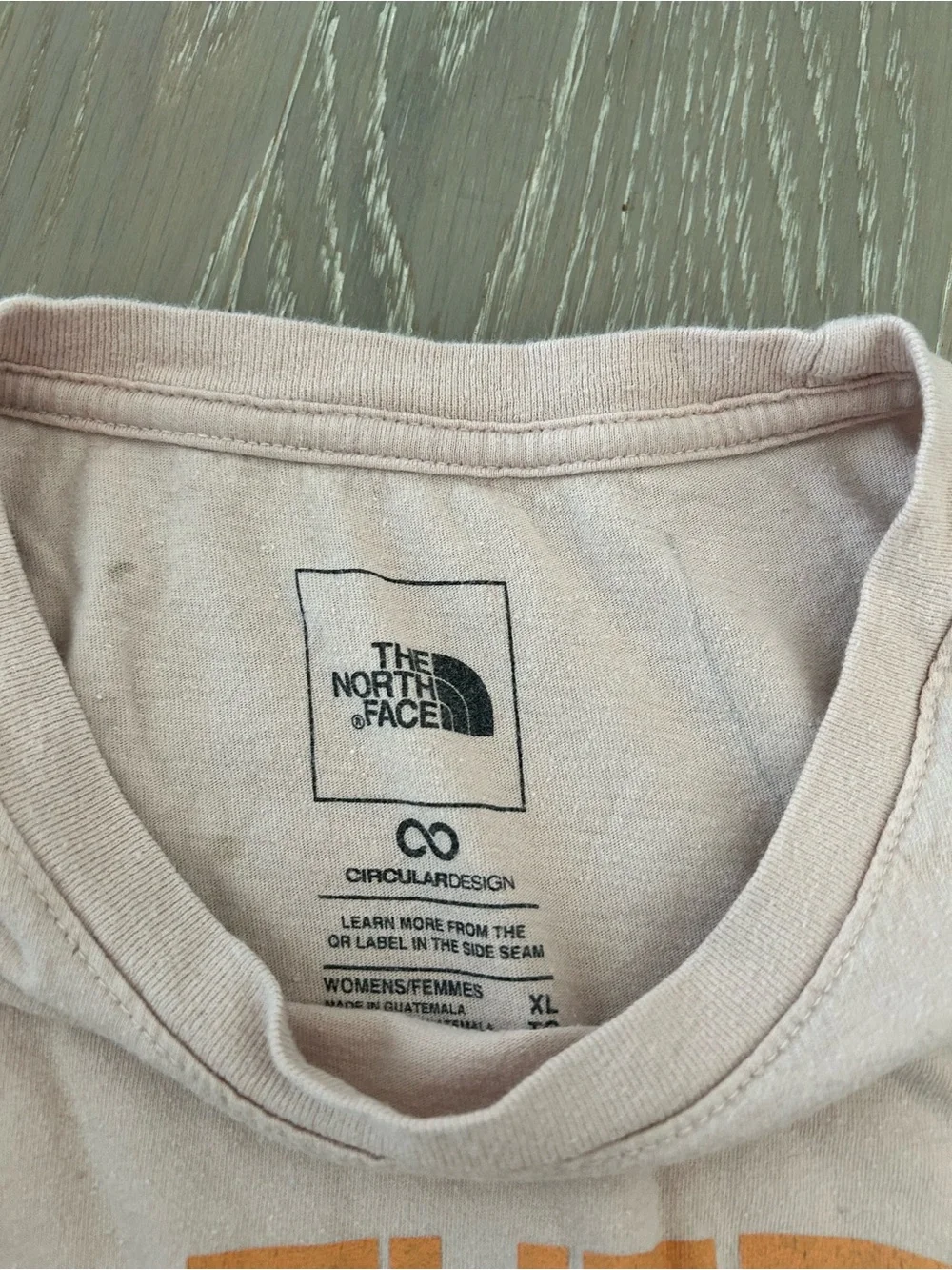 The North Face Men's Crew Tee with Teal and Orange Logo on Light Pink